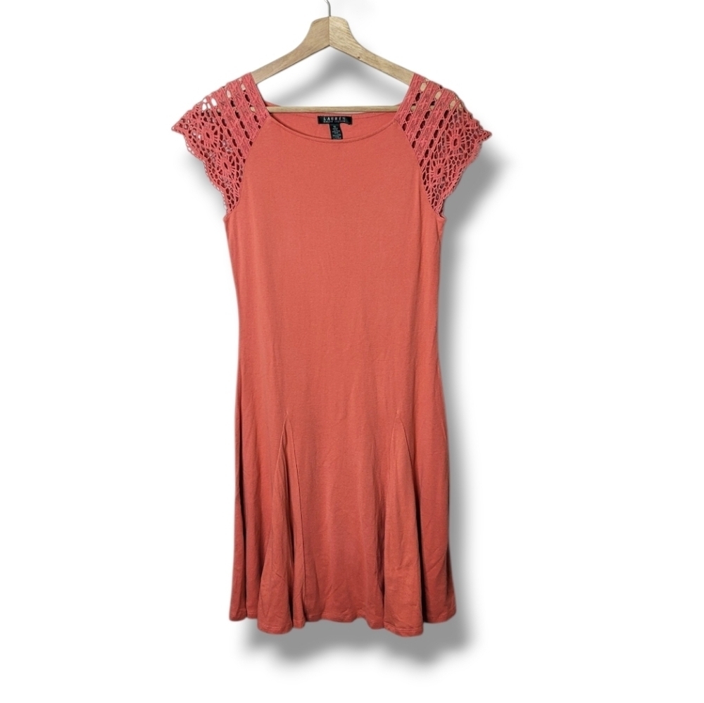 Lauren Ralph Lauren Orange Cotton Midi Dress Crochet Lace Sleeves